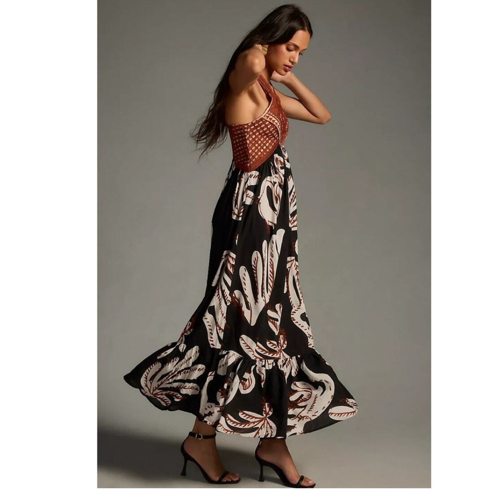 ANTHROPOLOGIE Boho Granola Party Deco Print Halter Floral Cotton BRN/BLK Maxi 12 - Picture 3 of 16